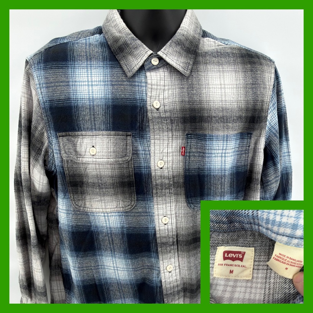 Levi's Flannel Shirt Mens Medium Blue‎ Grey Asymmetrical Plaid Western Yoke